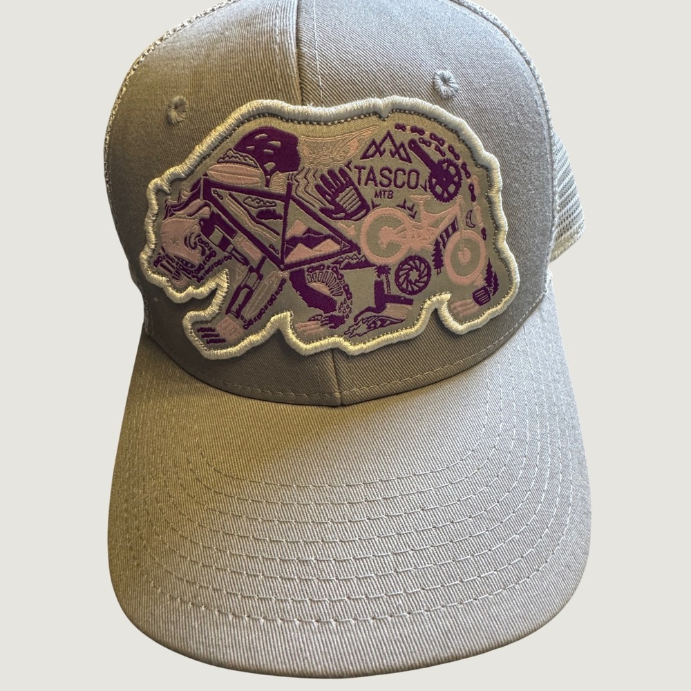 Tasco MTB Bear Graphic Trucker Hat Mens Grey Mesh Snapback Mountain Bike Cap - Picture 2 of 9
